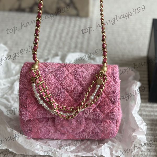 24p Pearl Classic Mini -Flap Tweed Square Sacos Quilted Bolsa preta rosa com pérolas Corrente as bolsas de ombro de mão de ouro de ouro Bolsas de ombro de maquiagem