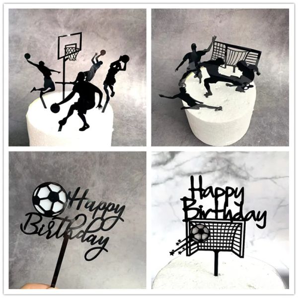 Acrilico Nuova torta di calcio Topper Creative Basketball Bandiera di buon compleanno per la festa sportiva di compleanno per ragazzi decorazione per torta fai -da -te