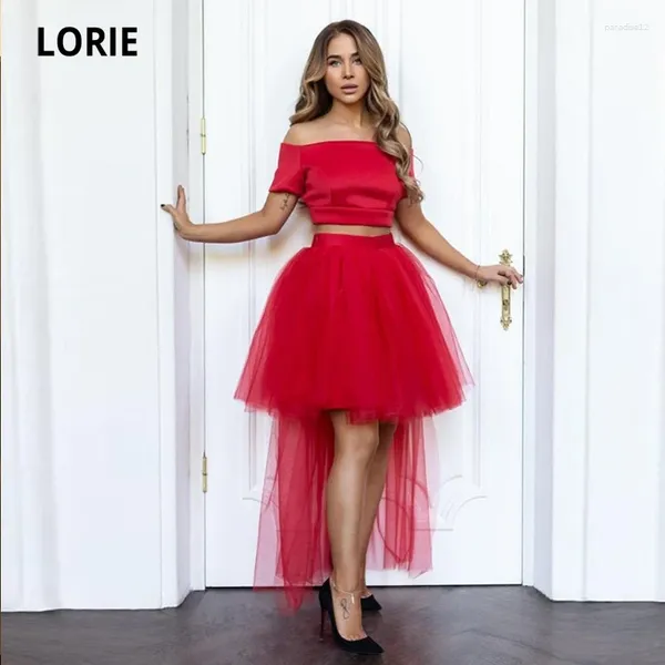 Vestidos de festa lorie duas peças bail sem alças de manga curta alta noite cetim vermelho tule A-line Celebrity Dress 2024