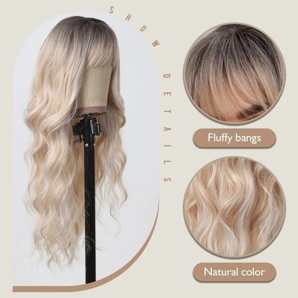 Blonde Perücken mit Pony Long Wavy Perücken für Frauen Platinstreifen Highlight Long Curly Wavy Perücke mit dunklen Wurzeln synthetischer Haarperücken