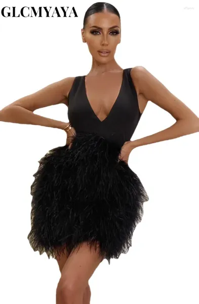 Повседневные платья Glcmyaya Black Feather for Women Vesring V-образное без рукавов шнурсин