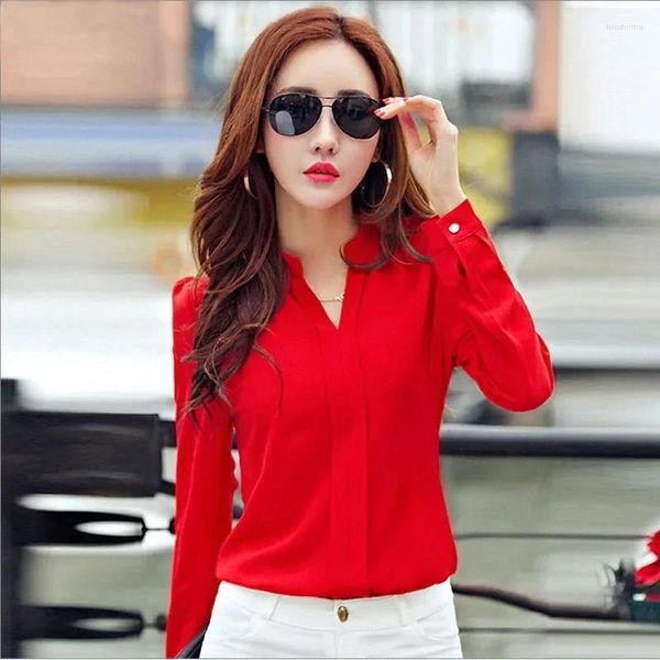 Frauenblusen Langarm Shirt Frauen Herbst Kleidung Mode Slim Chiffon Bluse V-Neck Korean Elegant Office Dame Shirts Basis Frauen Frauen