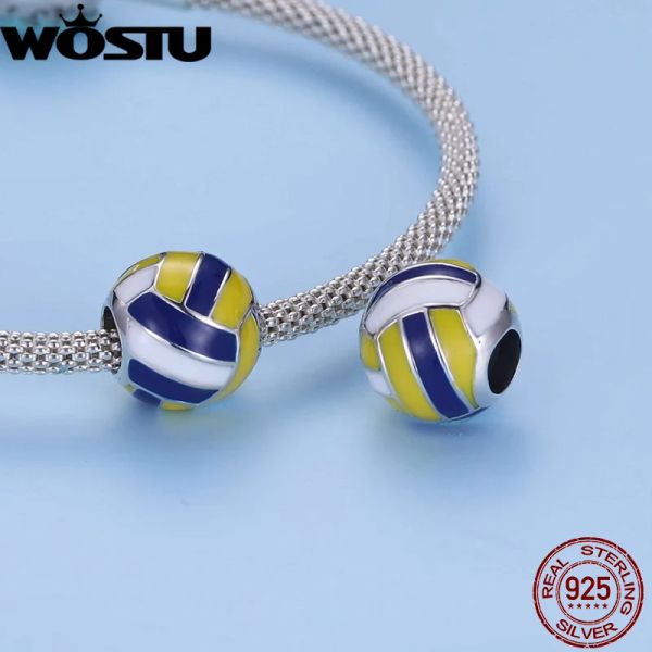 Wostu 925 Sterling Silver Charm Tennis Ball Volleyball Football Pingente Fit Fit Original Bracelet Colar para jóias femininas