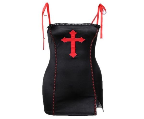 Lässige Kleider Frauen Goth Punk Binden Sie Riemen sexy Bodycon Schwarz Mini -Kleid Harajuku Red Patch Stickerei geteilt Heme High Wailer Party3120780