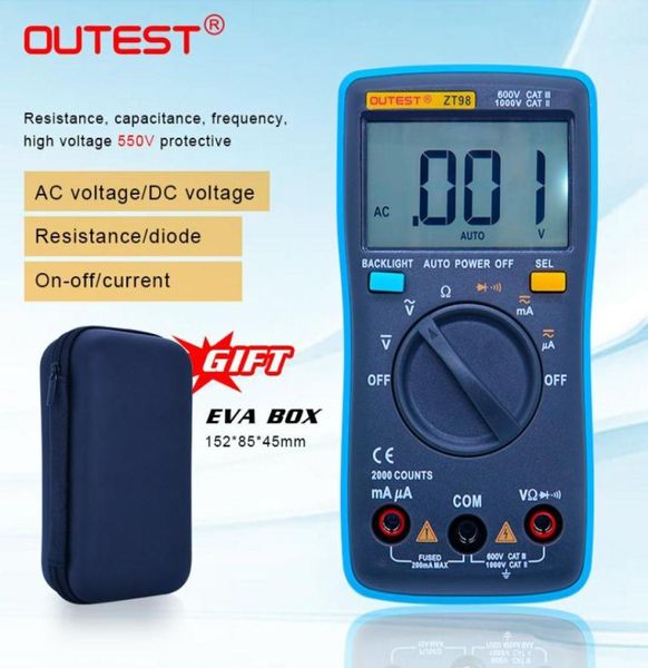 ZT98 Digital MultiMeter Auto Range Большой ЖК -дисплей данных содержит диодные мультиметро с EVA Case1814283