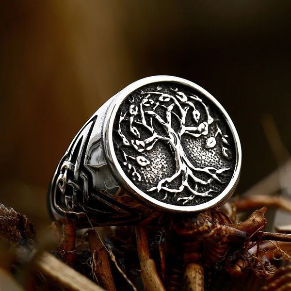 Moda Vintage Viking Tree de Vida Esculpada Anel de Vida para Homens Mulheres 14K Gold Celtic Nó Rings Amulet Jewelry Gift