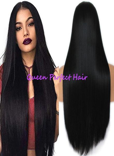 Women039s Synthetic Lace Front Wig Natural Com aparência longa cor preta de estilo reto de meia mão meia mão Aplacada resistente ao calor8159693