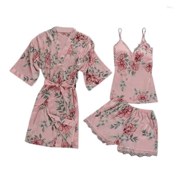 Heimkleidung Damen sexy Blumendruck dreiteiliger Pyjamas Sets ärmellose Westen kurze Hosen