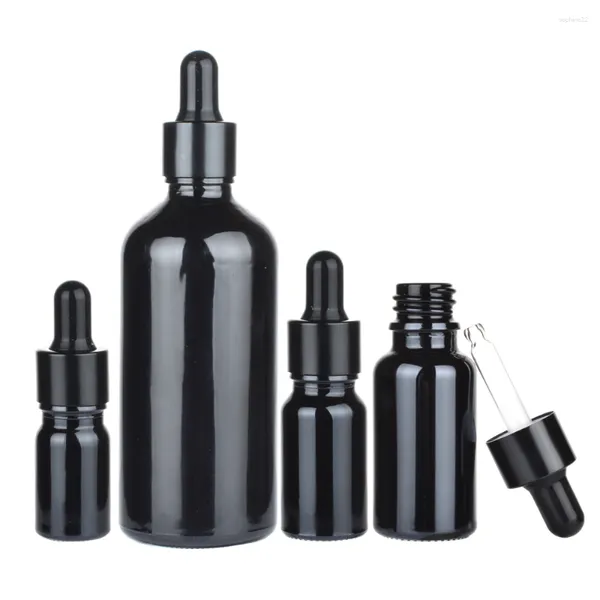 Speicherflaschen 10pcs/Los 5ml 10 ml 15 ml 20 ml 30 ml 50 ml 100 ml Schwarze Glas -Tropfen -Flasche für ätherisches Öl mit Roségold -Ringkappe