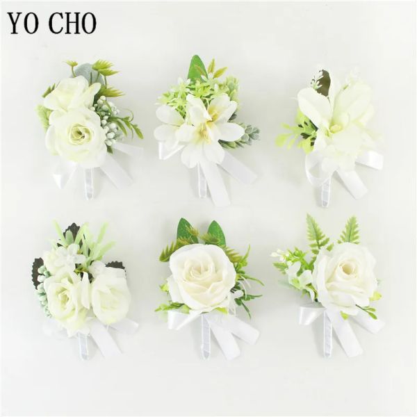 Yo Cho Boutonniere Groomsman Hochzeit Seidenrosen weiße Brautjungfer Armband Armbänder Blumen Buttonloch Hochzeit Accessoires