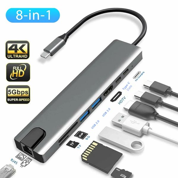 Rankman USB Typ C Hub zu RJ45 4K HDMI-kompatibler VGA SD TF USB 3.0 2.0 PD DOCK für MacBook iPad Samsung S21 DEX PS5 Nintendo