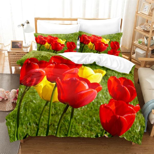 Красная постельное белье для тюльпана спальня цветочная королева пуховой крышка набор для кровати короля, наборы кровати высококачественных постельных принадлежностей