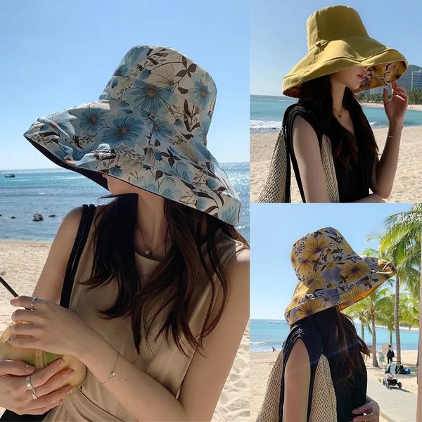 Big Wide Brim Women Women Sun Visor Hat Hat Calde dobrável Viagem de praia Proteja o pescoço anti -V Flor Travel240409