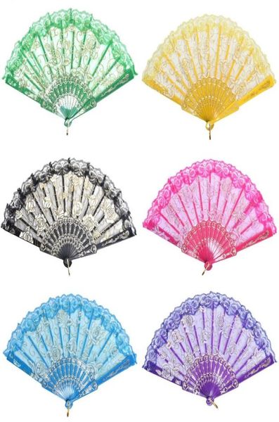 Spitzenklappfan Spanische Stoff Seidenklapper Hand gehaltene Tanzfans Rose Seidenfeier Hochzeit Prom Dancing Summer Fan Hochzeitsfeier GI9342155