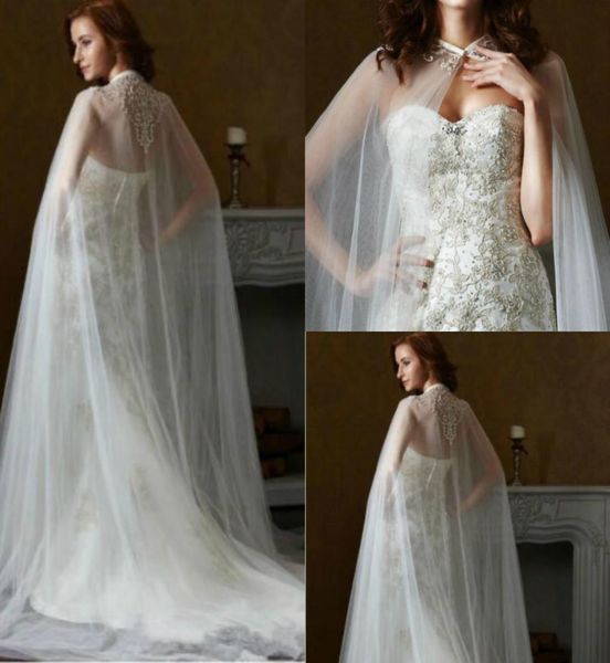 Jaqueta de noiva Shawl Capes Aplique Applique de uma camada Tule Tulle Vestido de noiva longa Mulheres brancas de marfim brancas Madeired5361292