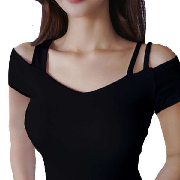 Женская одежда 2023 Новая модная черная рубашка с туго напряженной дном с прямой сексуальной футболкой с видом на плечо с короткими рукавами