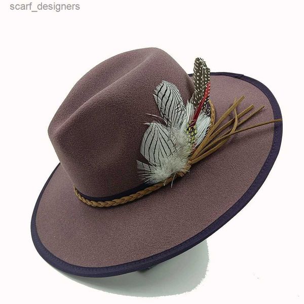 Шляпа шляпы широких краев ковша 2023 Винтажные шляпа федора перо мужские и женские джазовые шляпы Переплет для шерстяной шерсти