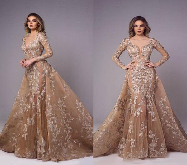 Tony Chaaya Vintage Mermaid Prom Dresses Gold Lace Appliqued Illusion Sexy Bridal Abiti staccabili Treno Plus Size Party Evening D2067706