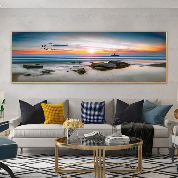 Doğa manzara posterleri duvar sanat resimleri deniz gün batımı plaj dalgası tuval resim oturma odası için büyük boyutlu ev dekor gökyüzü bulutlar
