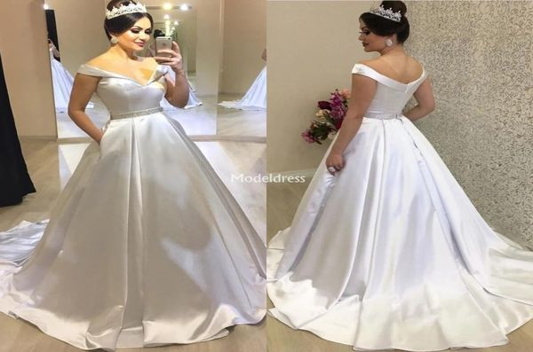 Ultimi abiti da sposa con tasche fuori spalla spazzano pieghe in stile country abiti da sposa moderni a buon mercato Vietidoe de Noiva Cust4093734