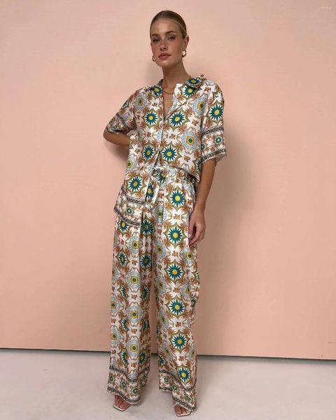 Calças de duas peças femininas em estilo europeu e americano cetim impressão floral moda casual longa pijama para mulheres