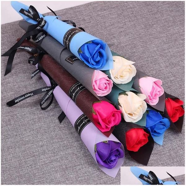 Flores decorativas grinaldas de haste única rosa artificial Banho perfumado sabonete brilhante flor preservada buquê casamento valenti dhe5r