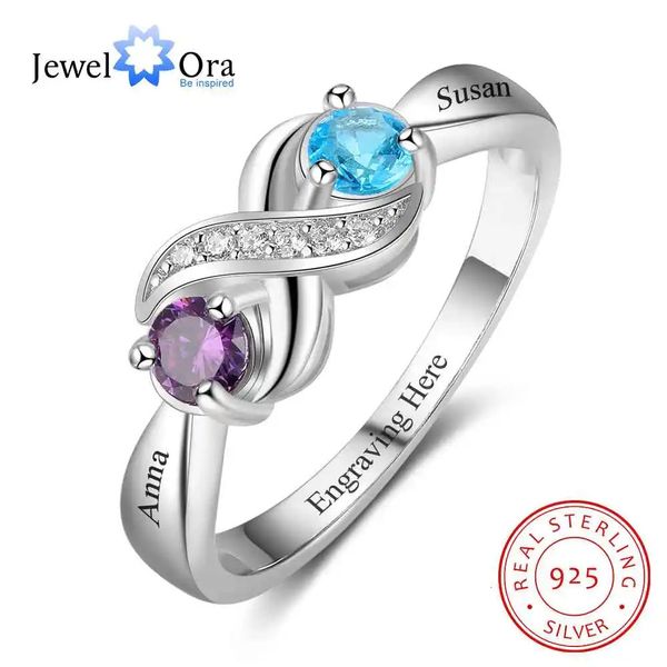 925 Mães infinitas de prata esterlina anel com 2 redondos de birthstone gravada com casal de engajamento de nomes de engajamento para mulheres 240401