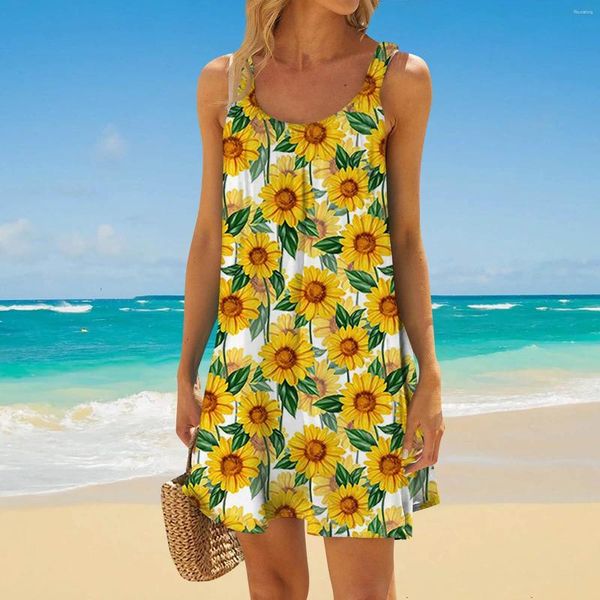 Abiti casual primavera estate elegante girasole stampata abito da sole donna vacanza in spiaggia per la sera