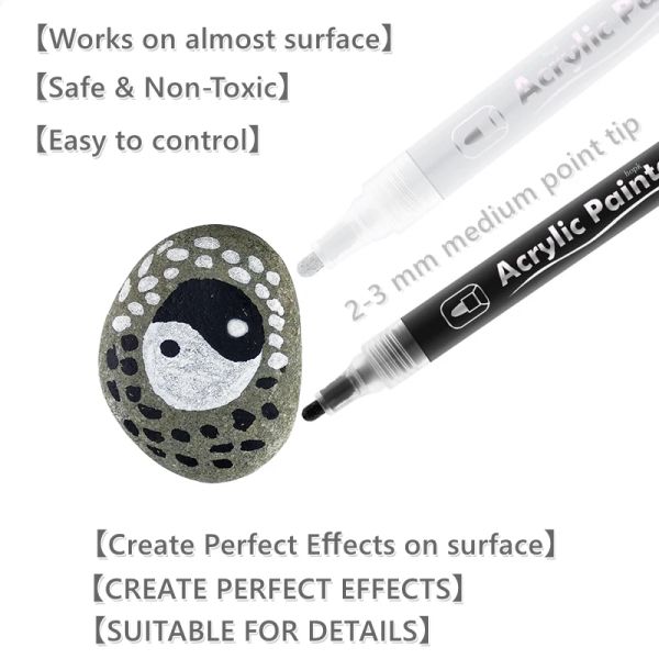 3pcs/Set White Acryla Paint Pen для рисования скалы, камня, керамики, стекла, дерева, шины, тканевого металла, холста, экстра-наконечника, черный