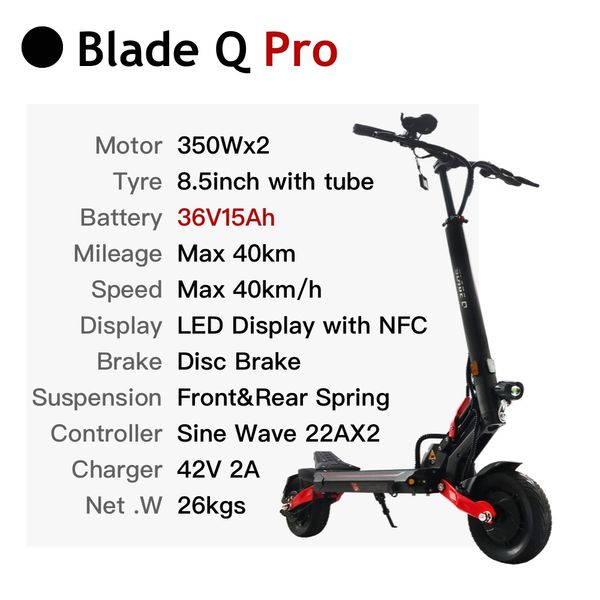 Teverun Blade q Pro 36V 15AH LED Display 2*350W Cartão NFC Suspensão de mola de motor duplo 8,5 polegadas Scooter elétrico de freio de disco duplo