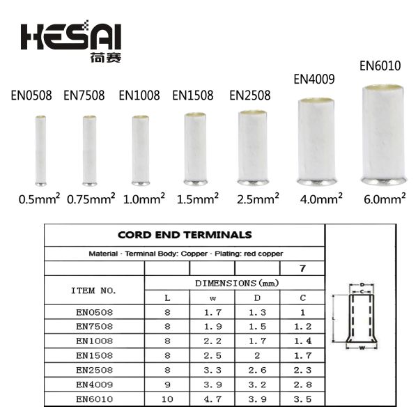 Conector de fio não isolado Ferrules Terminal de cabo elétrico Terminal de crimpagem em estanho de cobre 0,5 mm2-6mm2