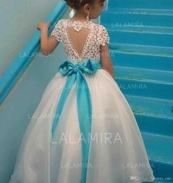 Lace Flower Girl Dresses Mangas de captura de cetim Organza Denujor do piso Vestido infantil Faculdade de festa Vestidos de festa 6756586