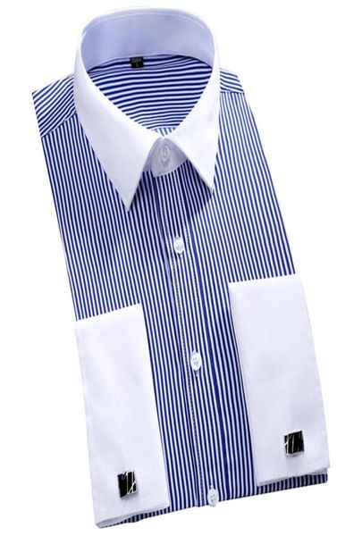 2019 Nuovo design collare bianco a strisce francese gemelli da uomo camicie a maniche lunghe Cuffi francesi da uomo Dress camicie Plus 4xl 465033766