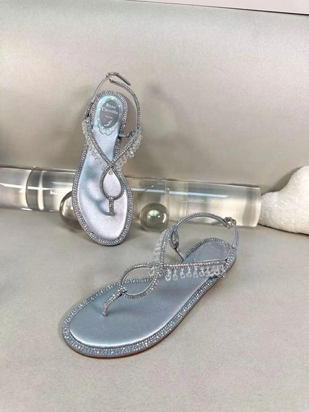 Elegante Renescaovilla lampadario sandali scarpe scarpe di cristallo abbellimento perizoma Flip Flops Flops Slide Abito da sposa da festa che cammina Nuovo