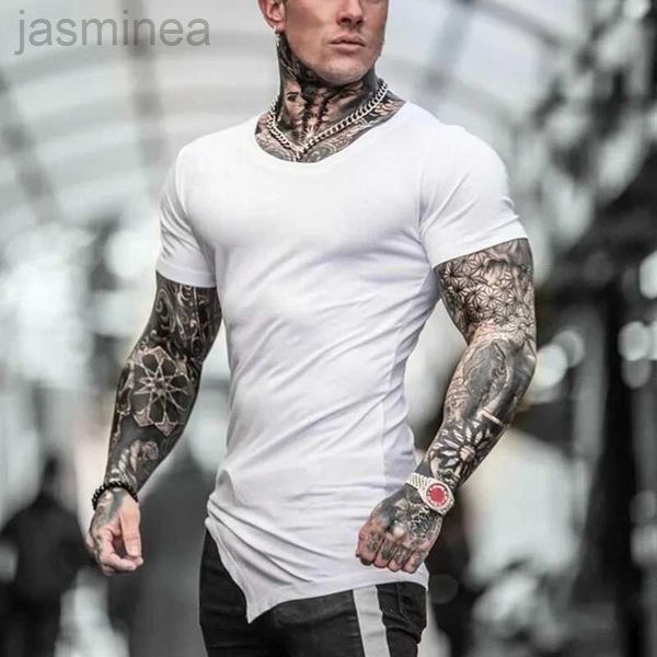 Camicie casual da uomo marca estate fitness uomo in cotone t-shirt a maniche corte obliqua a collo palestre abbigliamento per bodybuilding maglietta maschio maschio magliette strette magliette 2449