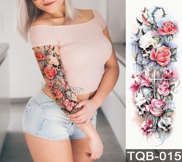 Große Armhülle Tattoo wasserdichte temporäre Tattoo Aufkleber großer Armhülle wasserdichte temporäre Schädel Engel Rose7203008