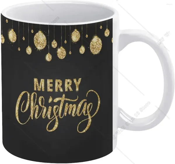 Mugus Merry Christmas Citazione Mug Black Gold Sfondo in ceramica Brinking Cup with Handle Coffee 11 once per casa Regalo fai da te