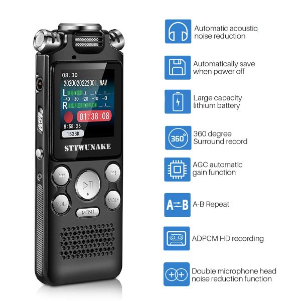 Player Professionelles digitales Sprachrekorder zweiay MIC 8G 16G 32G Dictaphon Voice Activated Rauschreduktion PCM WAV -Rekord MP3 -Player