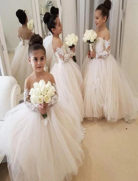 Vestido de esfera branca elegante vestidos de flor de menina de pescoço de pescoço de renda de renda para crianças paquistanesa