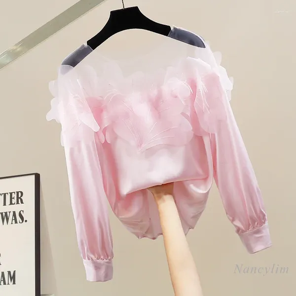 Frauenblusen französischer Stil Off-Shoulder Satin Shirt Frühling Sommer Super Fairy Mesh Patchwork Long Puffarm und Tops 2024