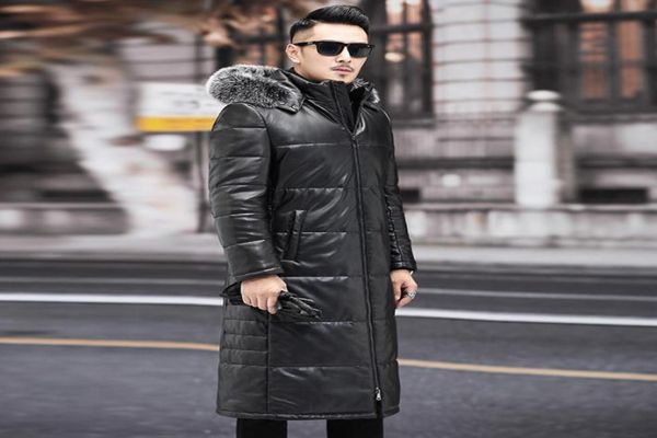 Jackets de couro longos masculinos de inverno Ovelha para baixo de casacos com capuz Windbreaker Duck Down Parkas Fox Fur Collar Gross Warm Snow Wear Over8924763