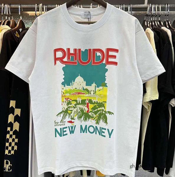 Rhude Shirt Erkek Tişörtleri Rhude T-Shirt Kalesi Hindistan Cevizi Ağacı Pencereleri Doğal Gevşek Gevşek Nefes Alabilir Kısa Kol Tişörtlü Erkek Kadın Çiftler Üst Tee Optimal 224