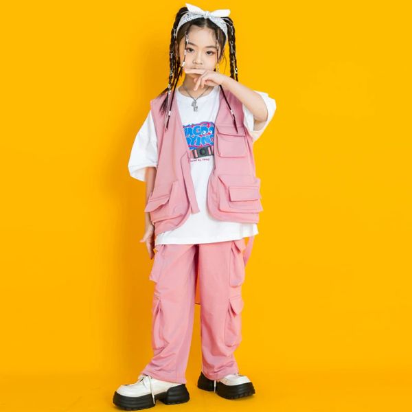 Kids Street Wear zeigt Outfits Hip Hop Kleidung Pink Cargo Weste T -Shirt Casual Hosen für Girl Boy Jazz Tanz Kostüm Kleidung