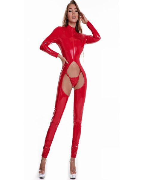 Porno Club Faux Leder CatSuit Shiny PVC Open -Schritt -Overalls -Frauen sexy hohl -out erotische Bodys