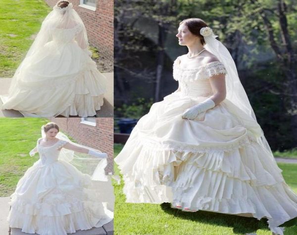 Crema di taffeta gonfio matrimonio vittoriano vittoriano campunk abito da sposa abito da sposa abbigliamento da sposa in pizzo