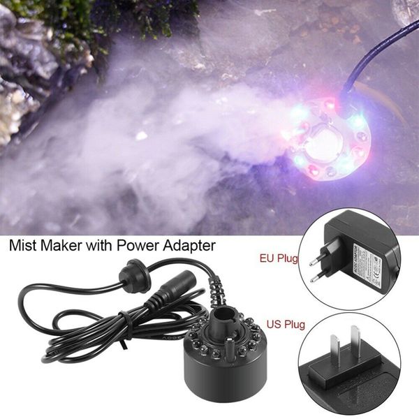 24 -V -Ultraschall -Nebelhersteller Fogger Water Fountain Teiche Zerstäuber Luftbefeuchter mit 12 LED -farbenfrohen Wechselleuchten mit Adapter