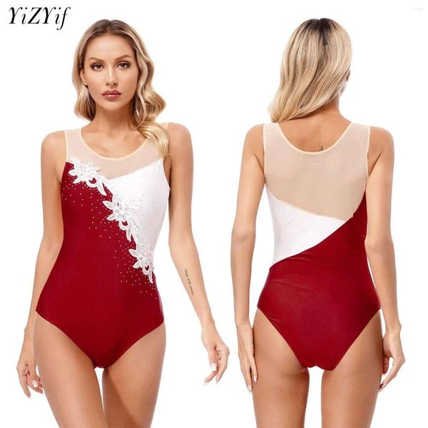 Bühne Wear Womens Ballet Dance Bodysuit Figur Eis Skating Gymnastik Lotard Ärmeln und bloße Mesh Tanzkleidung Performance Kostüme