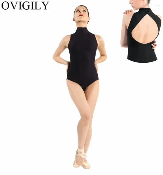 Abbigliamento da palcoscenico ovigiosamente bambino senza maniche ballette da ballo leotard kids apro mock collota nera leotards da ballo per ragazze spettacoli performance tops