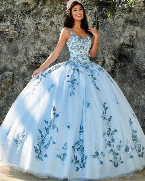 2020 Sky Blue Quinceanera Abiti Appliques perle Scoop Neck Princess Ball Abito da ballo Sweet 16 Tulle Princess Abito da ballo Abito da festa 5683246