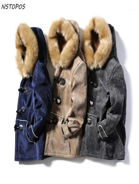 MEN039S Down Down Parkas Suede Parka Mens Fur com Hoodie Hornle Couples Couples Lover Winter Jacket Men and Women Homme Navy Gray KH6347312